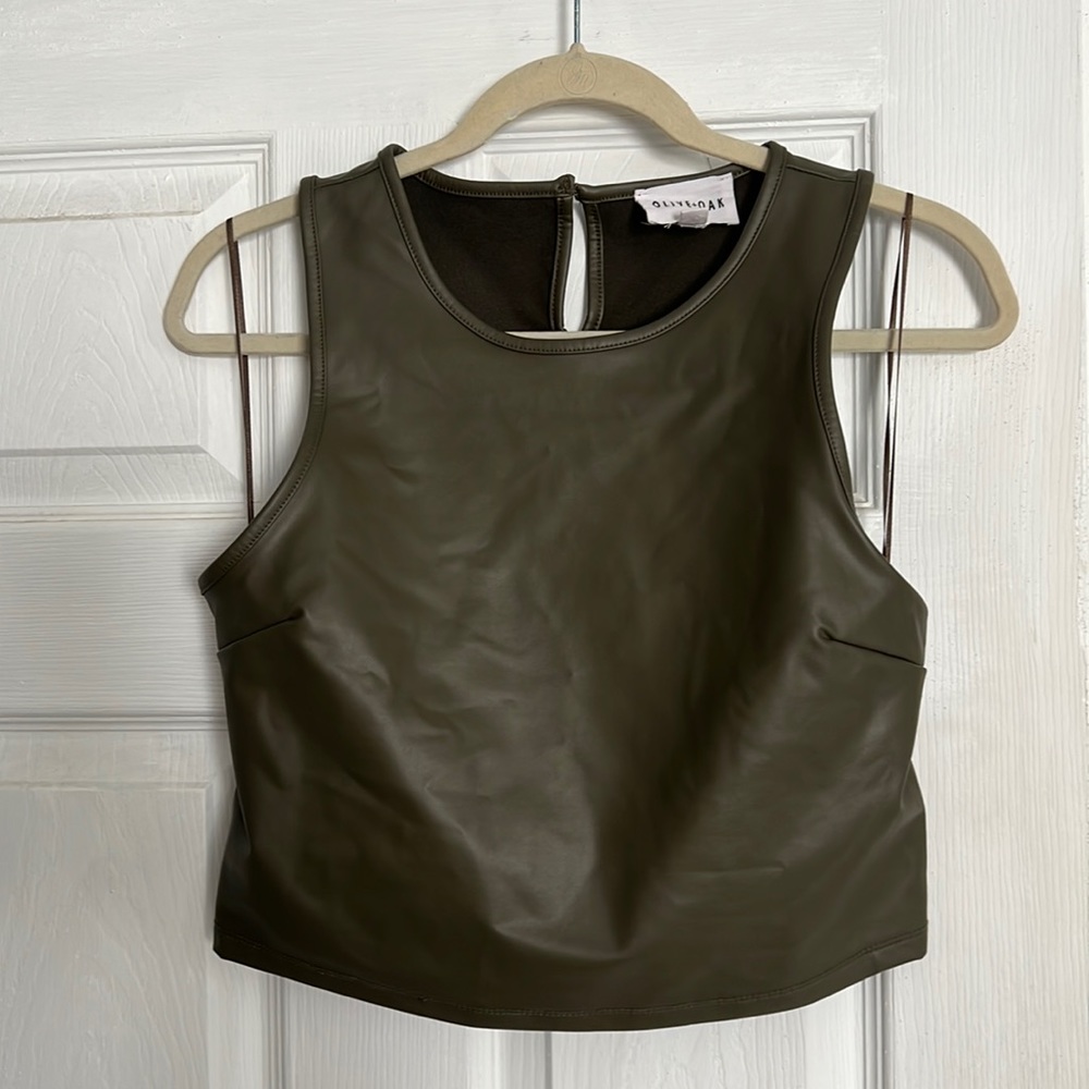 Olive and Oak Vegan Leather Sleeveless Black Top, Slightly Cropped